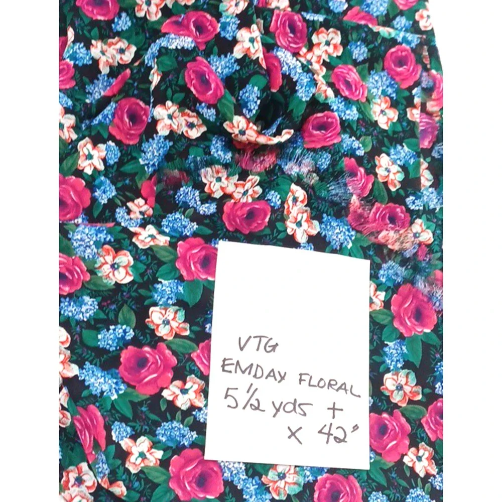 VTG Emday Black Pink Floral Polyester Fabric Lightweight 1 Pc 5 1/2 Yards x 42